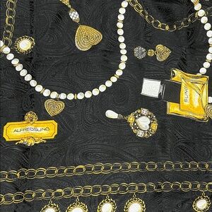 ALFRED SUNG Black Scarf with Gold and Pearls, Chain, Hearts, Perfume Bottles